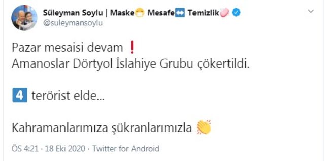 Bakan Soylu: Amanoslar Dörtyol İslahiye Grubu çökertildi