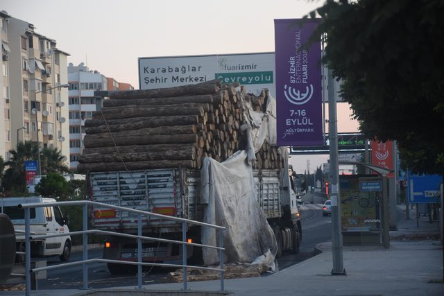 TIR üst geçide çarptı, tomruklar yola savruldu
